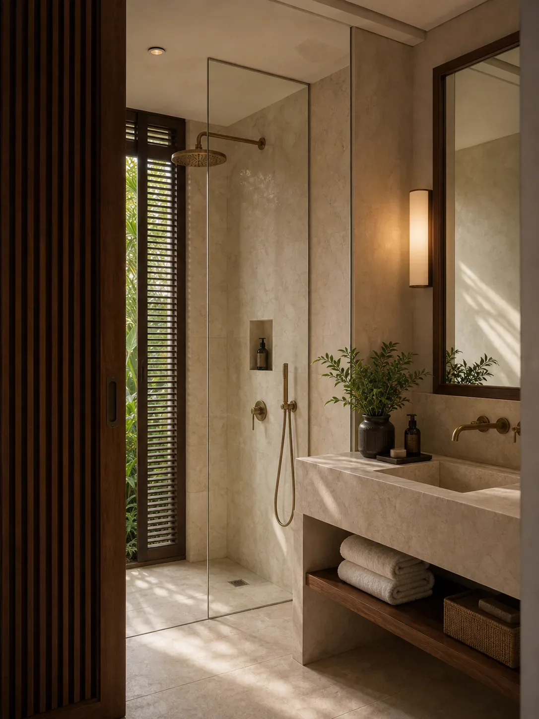 Rain shower finished in beige natural stone