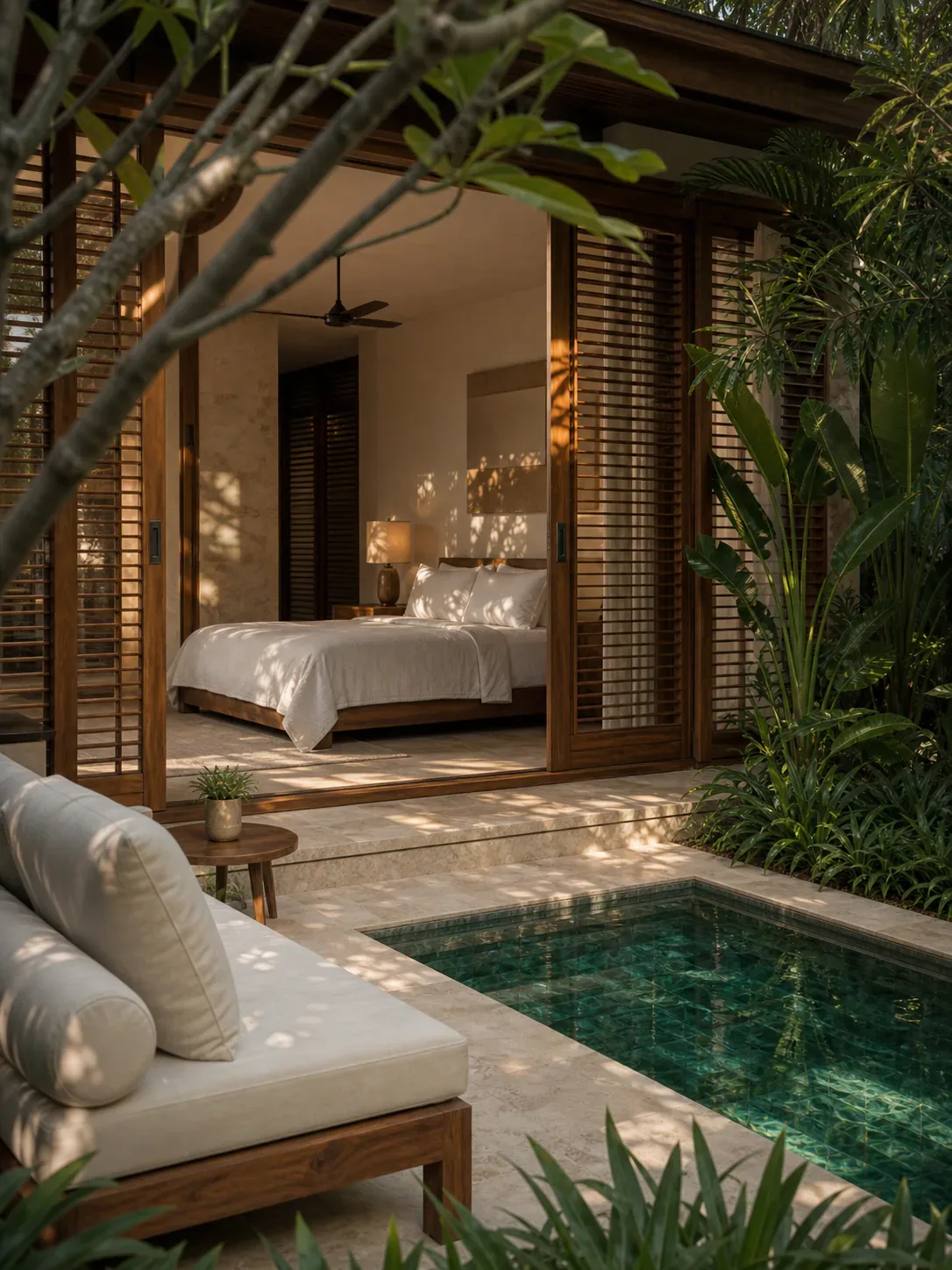 Bedroom opening to the courtyard through teak screens