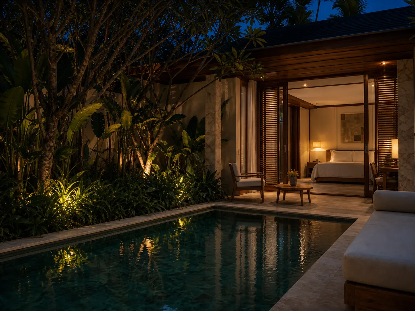 The villa courtyard at dusk